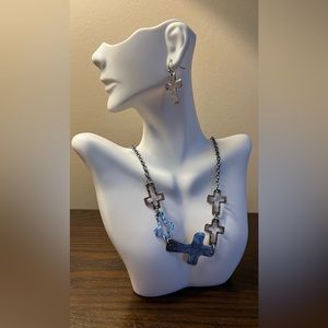 Mat silver metal cross and earning set